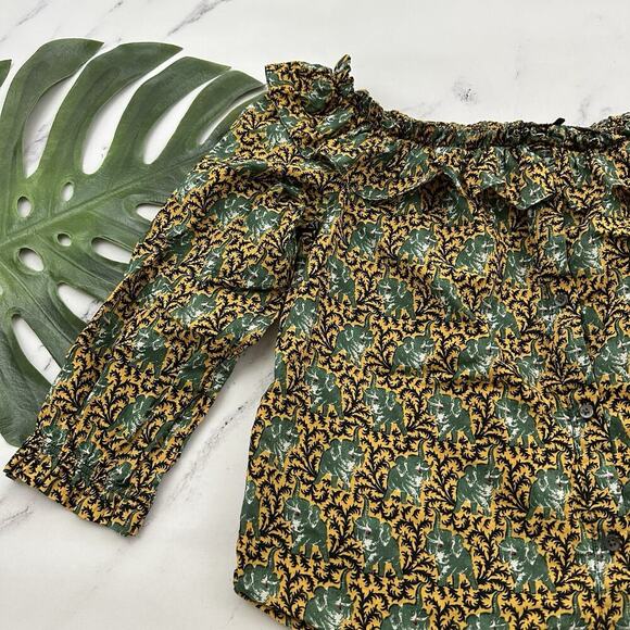 J.Crew Womens Off Shoulder Ratti Top Size M Yellow Green Elephants Ruffle Button - Picture 4 of 12